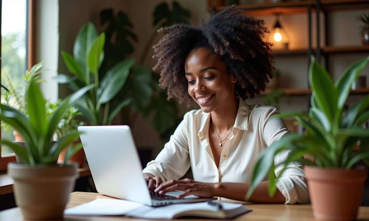 Mulher escrevendo post de blog sobre marketing de conteúdo em ambiente aconchegante.