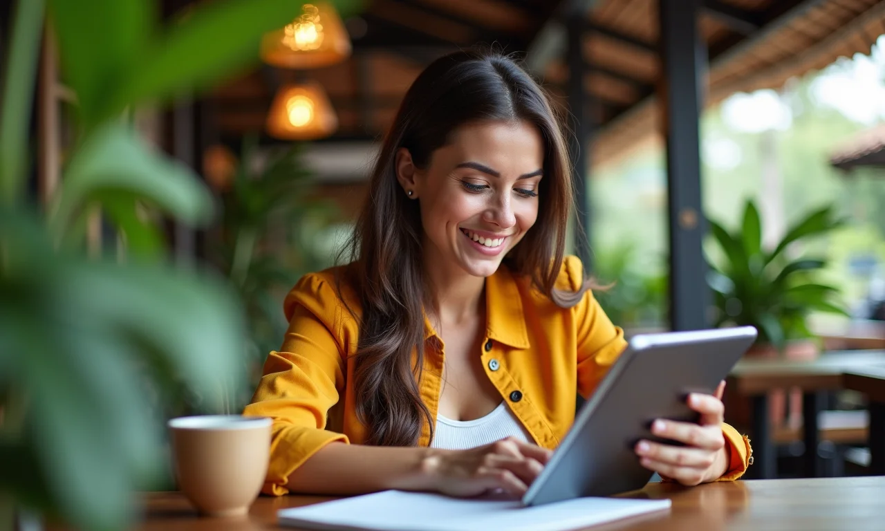 Mulher estudando em tablet durante pausa em café ao ar livre, ilustrando Microaprendizado em café brasileiro.