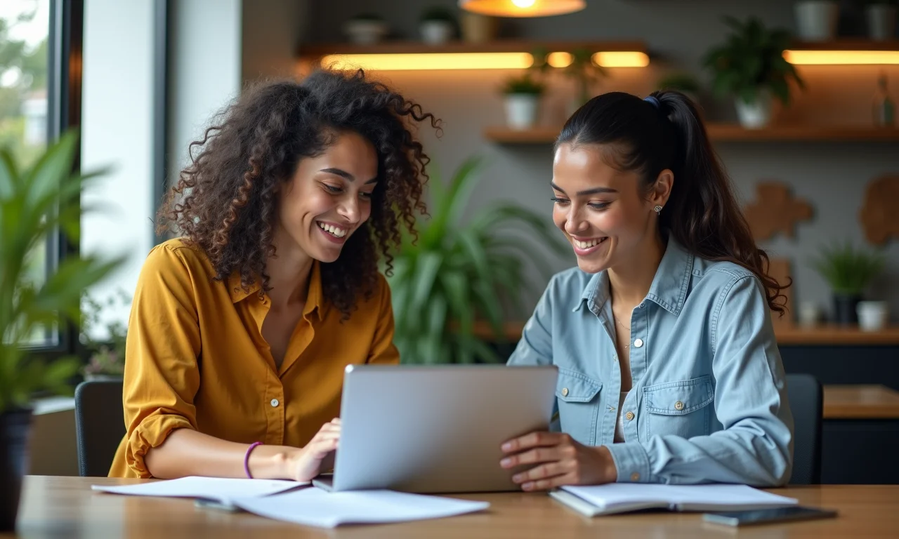 Mulher experiente mentorando jovem colega em escritório vibrante, promovendo o desenvolvimento profissional e a diversidade.