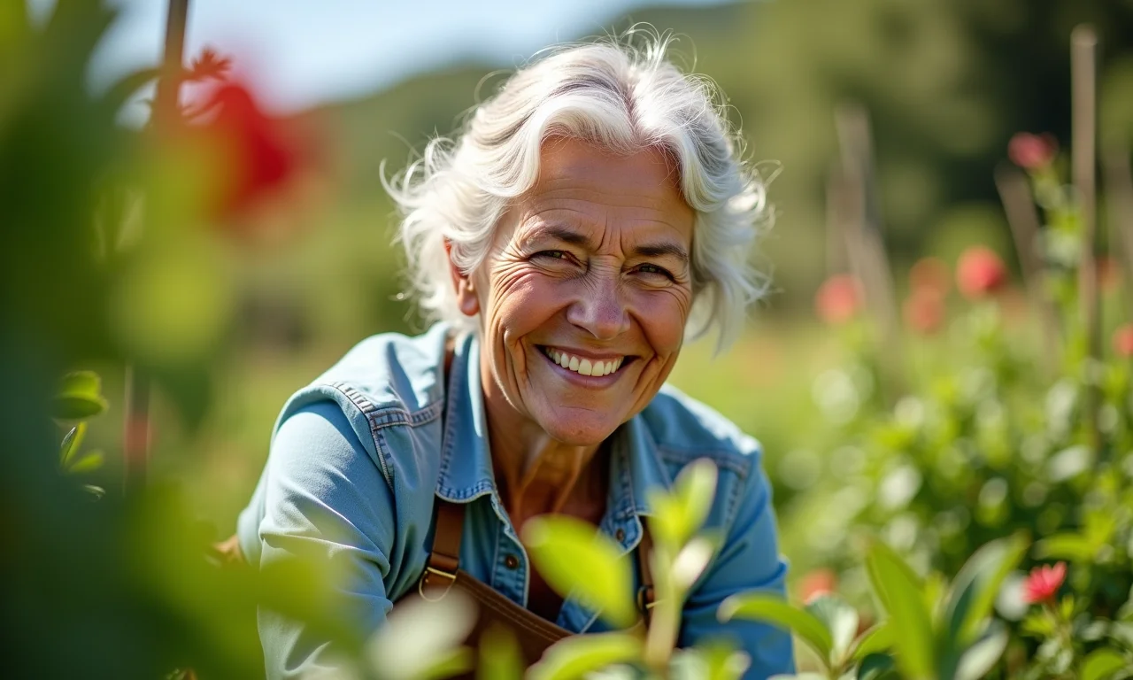 Mulher feliz cuidando do jardim, representando uma aposentadoria ativa por tempo de contribuição.