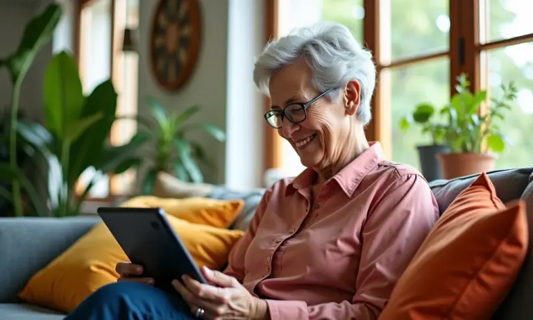 Mulher idosa sorrindo usa tablet em sala ensolarada com decoração brasileira vibrante, representando a silver economy.