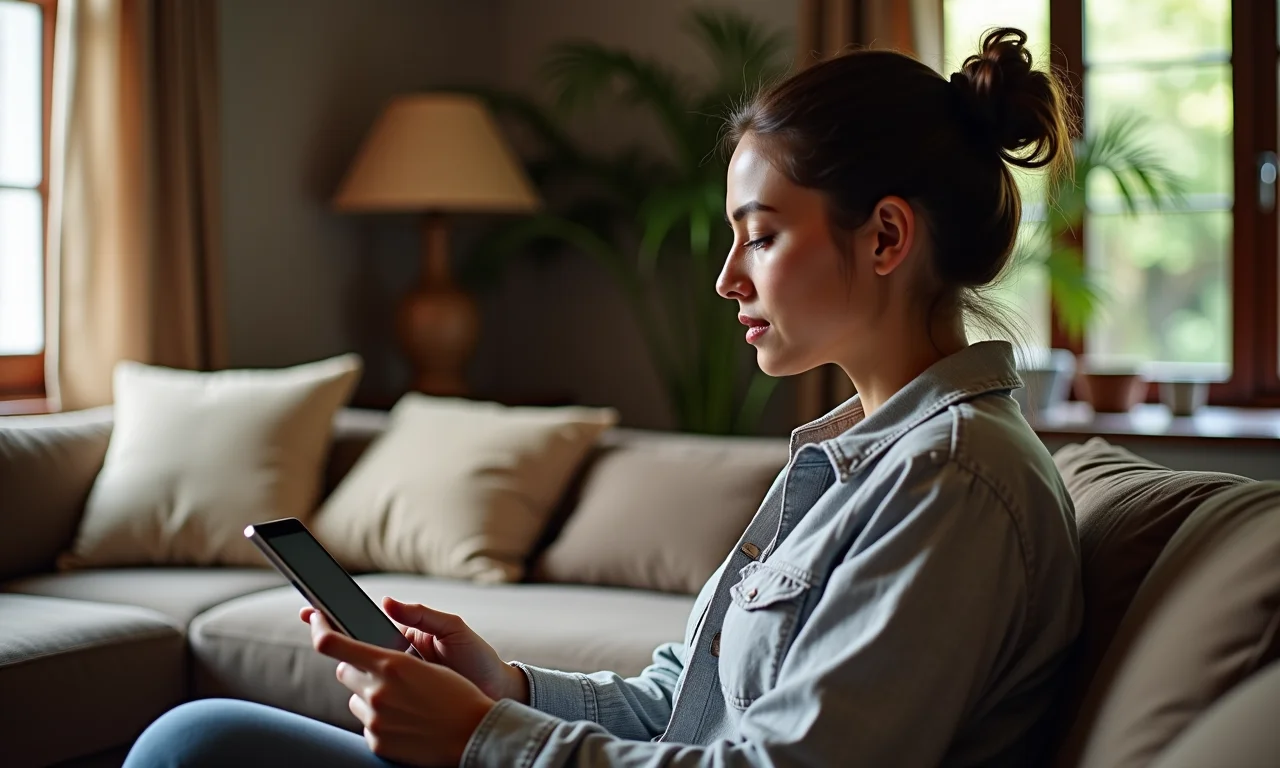 Mulher interagindo com assistente de IA personalizado em seu tablet.