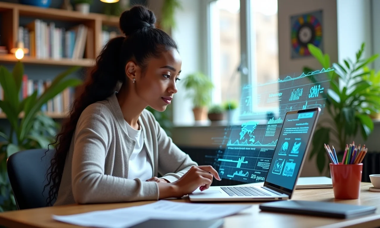 Mulher interagindo com projeção holográfica de dados educacionais em escritório vibrante, representando aprendizado personalizado com IA.