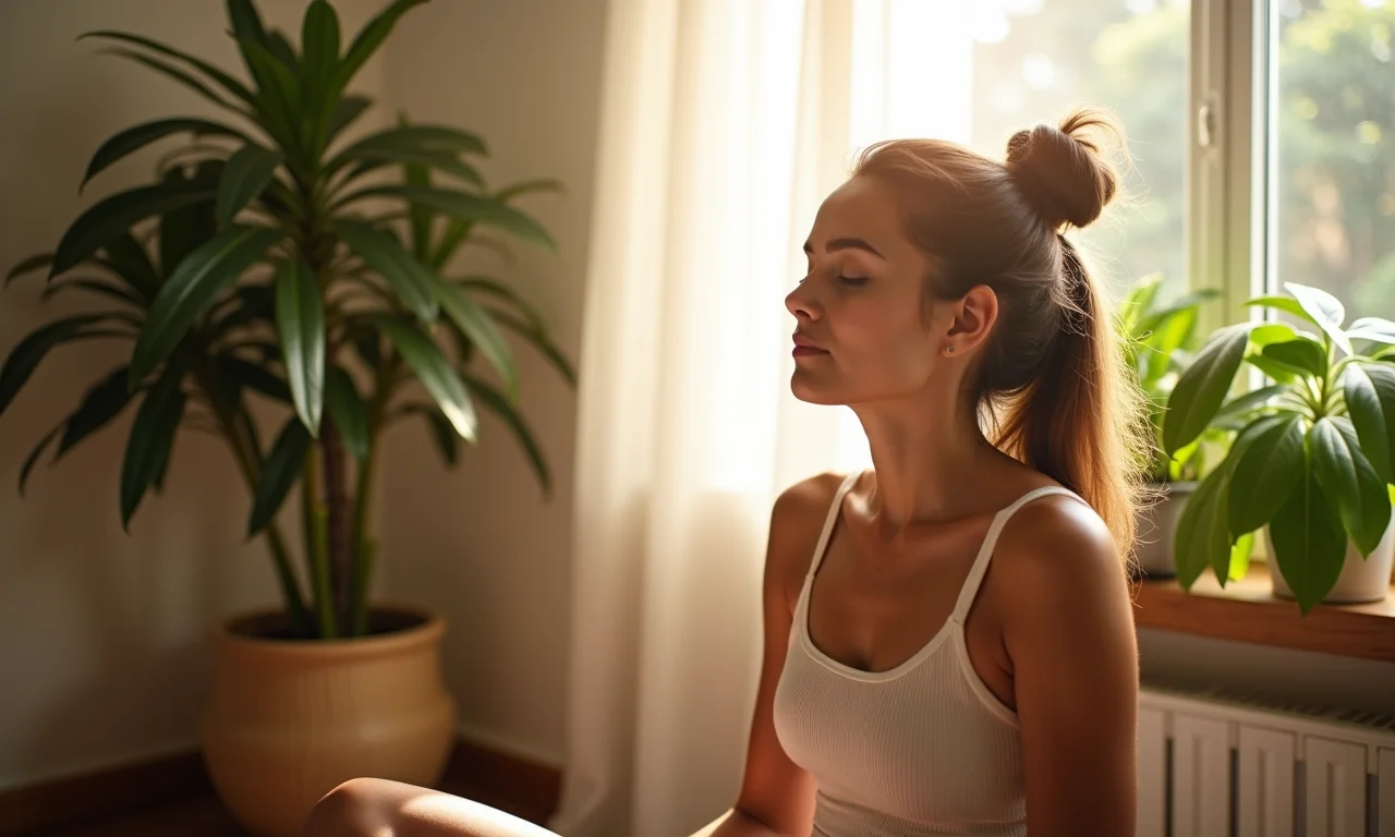 Mulher meditando em um ambiente tranquilo e iluminado.