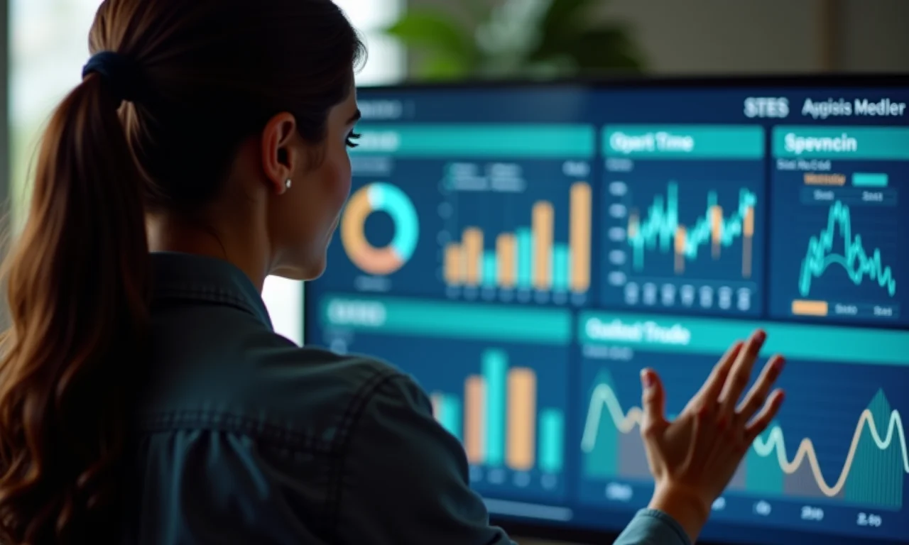 Mulher monitorando processos RPA em painel digital em pequena empresa.