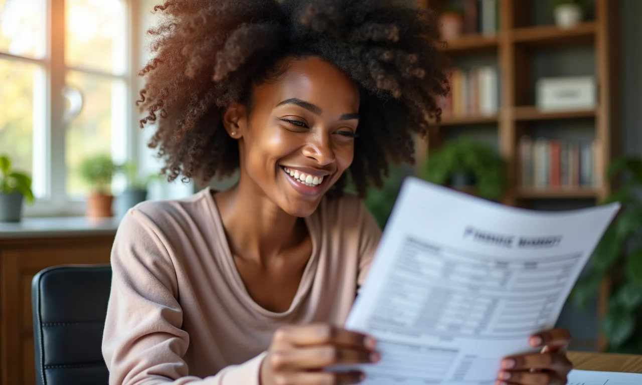 Mulher negra sorrindo ao ver o aumento de renda devido à PLR.