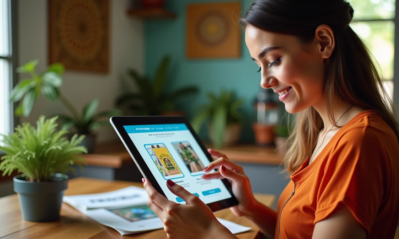 Mulher personalizando produto em tablet em apartamento colorido.