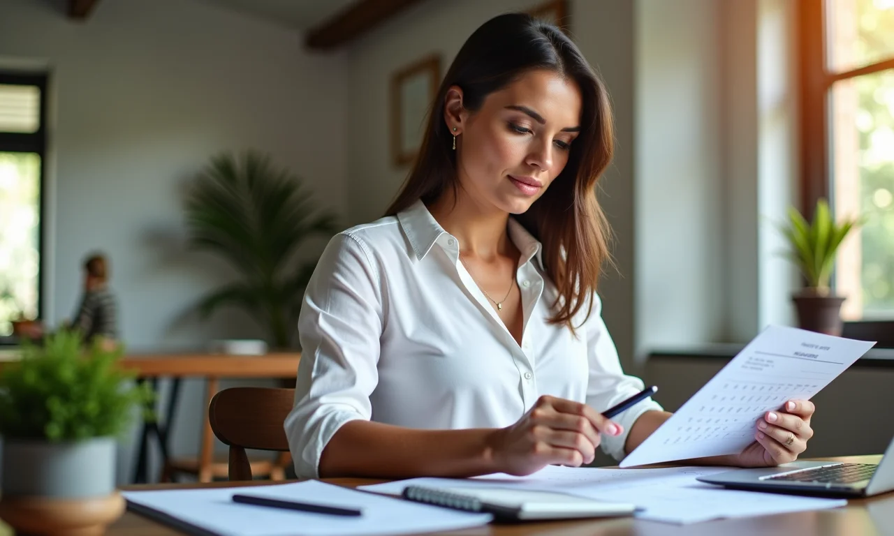 Mulher planejando gastos mensais com calendário e calculadora.