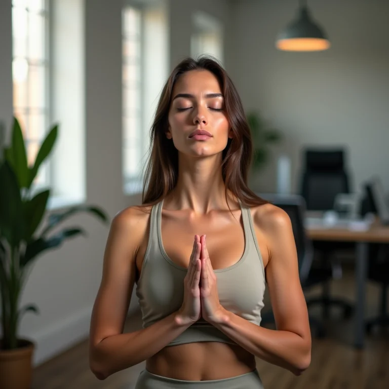Mulher praticando exercícios de respiração em um canto tranquilo do escritório.
