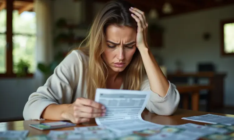 Crédito Rotativo Entenda o Perigo e Como Evitar Mulher preocupada analisando fatura do cartão de crédito em casa.