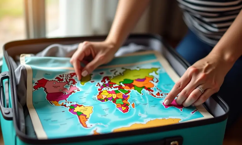 Mulher preparando mala para volta ao mundo com mapa e lembranças.
