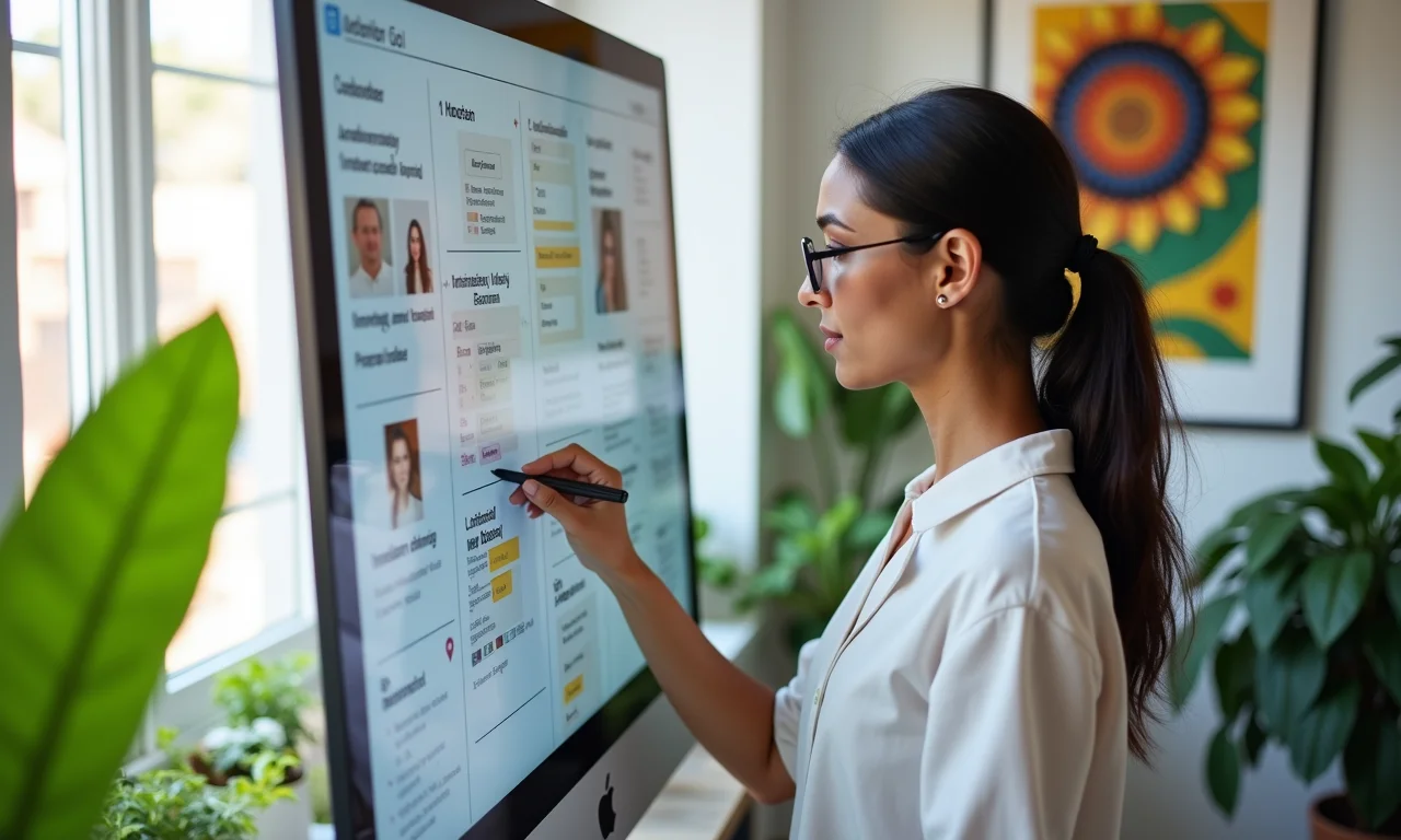 Mulher priorizando projetos de inovação em quadro Kanban digital.