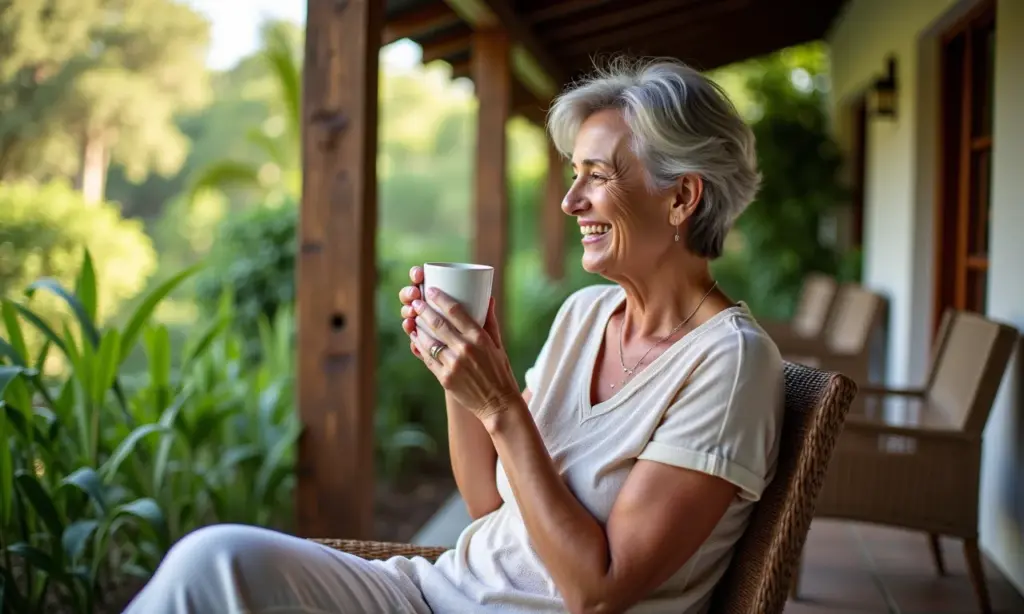Mulher relaxada bebendo café em varanda florida, simbolizando liberdade financeira.