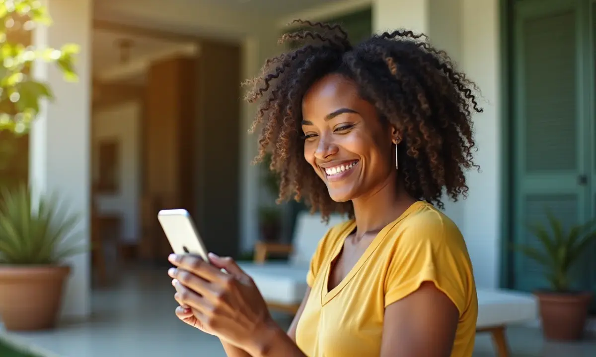 Mulher sorrindo acessando o app FGTS no celular.