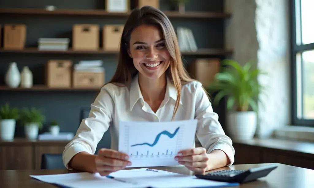 Mulher sorrindo analisa finanças da empresa para definir pró-labore.