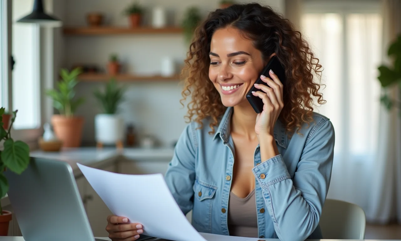 Mulher sorrindo ao telefone negociando contas com provedor de serviços em apartamento moderno.