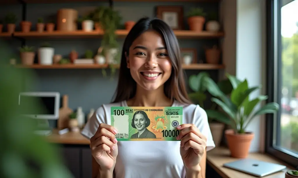 Mulher sorrindo com nota de mil reais, cercada por elementos de pequenos negócios.
