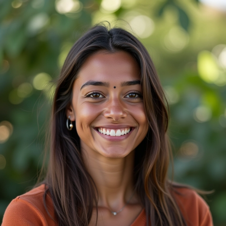 Mulher sorrindo confiante durante entrevista, destacando habilidades do voluntariado.