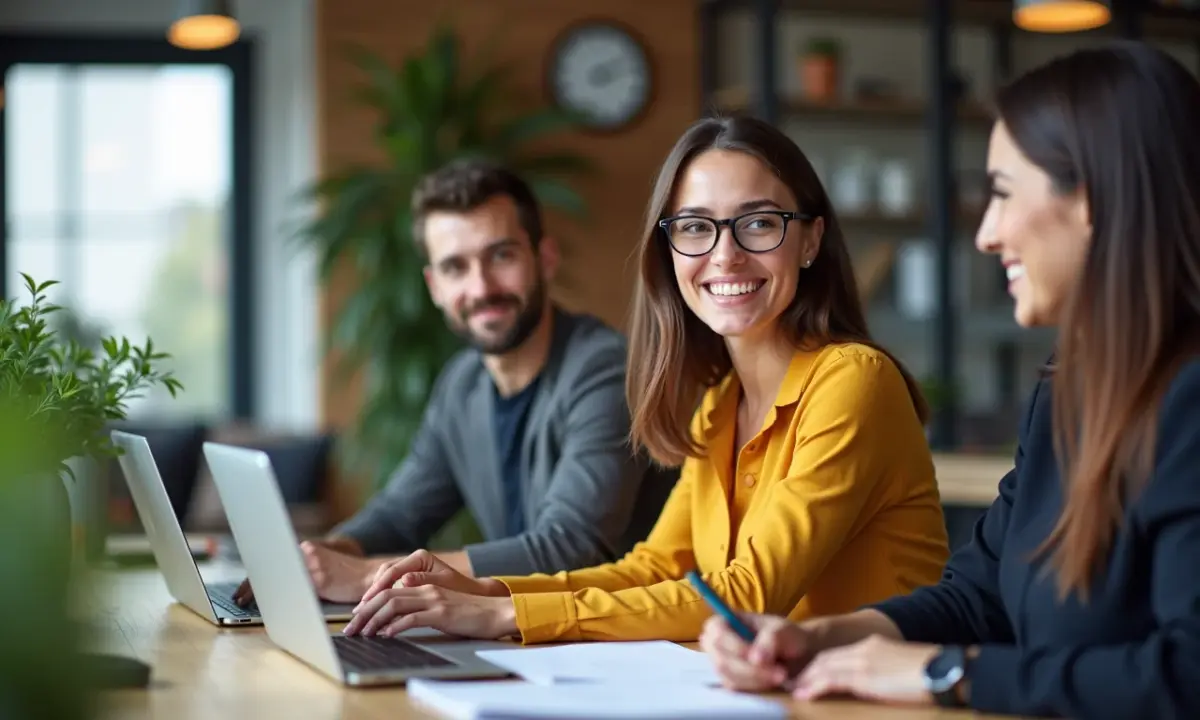 Mulher sorrindo em ambiente de trabalho híbrido, colaborando com colegas.