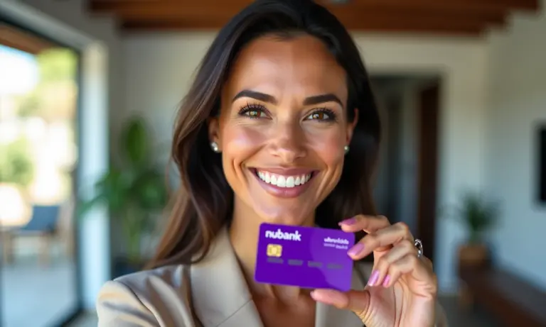 Nubank Ultravioleta vale a pena Análise dos benefícios Mulher sorrindo segurando cartão Nubank Ultravioleta em apartamento moderno