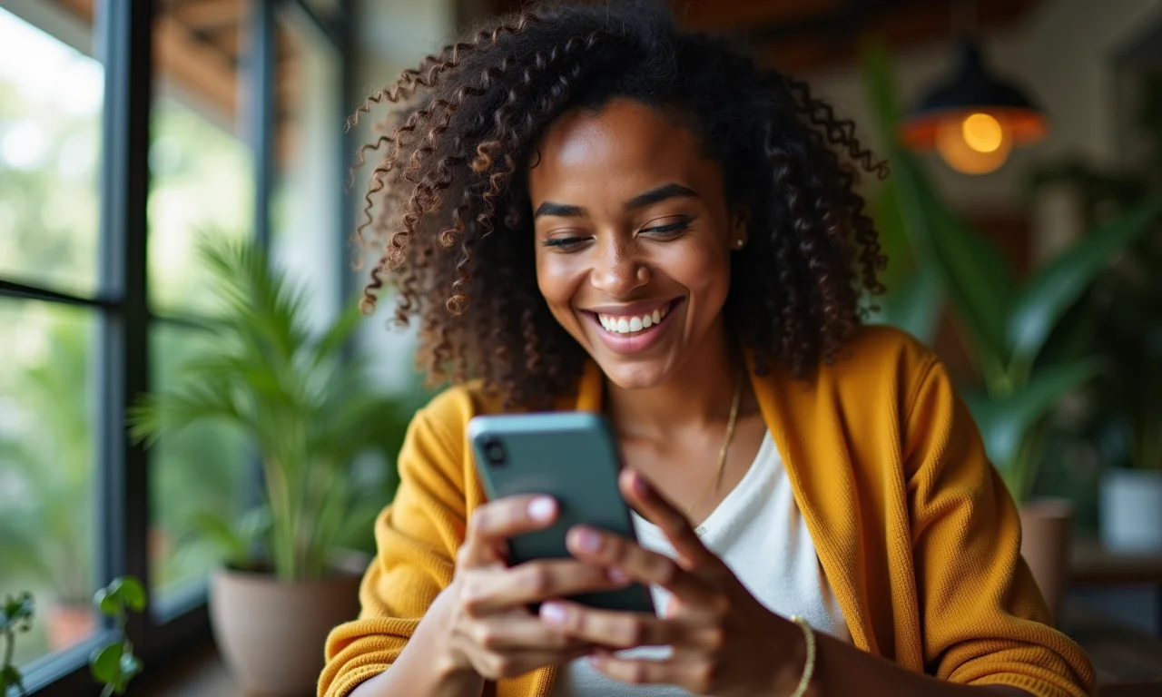 Mulher sorrindo usando aplicativo de banco digital em smartphone em um ambiente brasileiro vibrante.