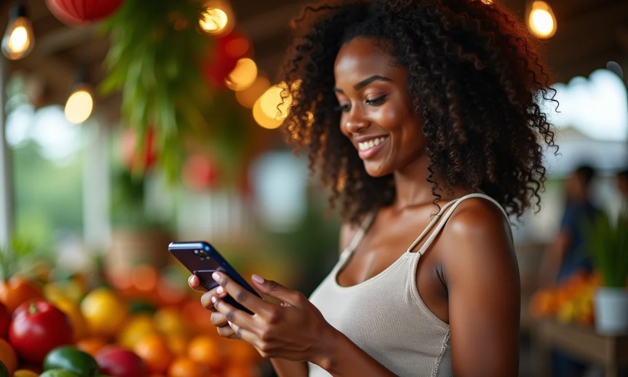 Mulher usando app de quiz interativo em um celular, com fundo de mercado brasileiro.