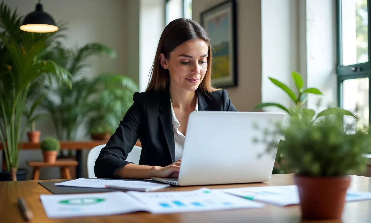 Mulher usando planilha de fluxo de caixa no laptop em escritório iluminado.
