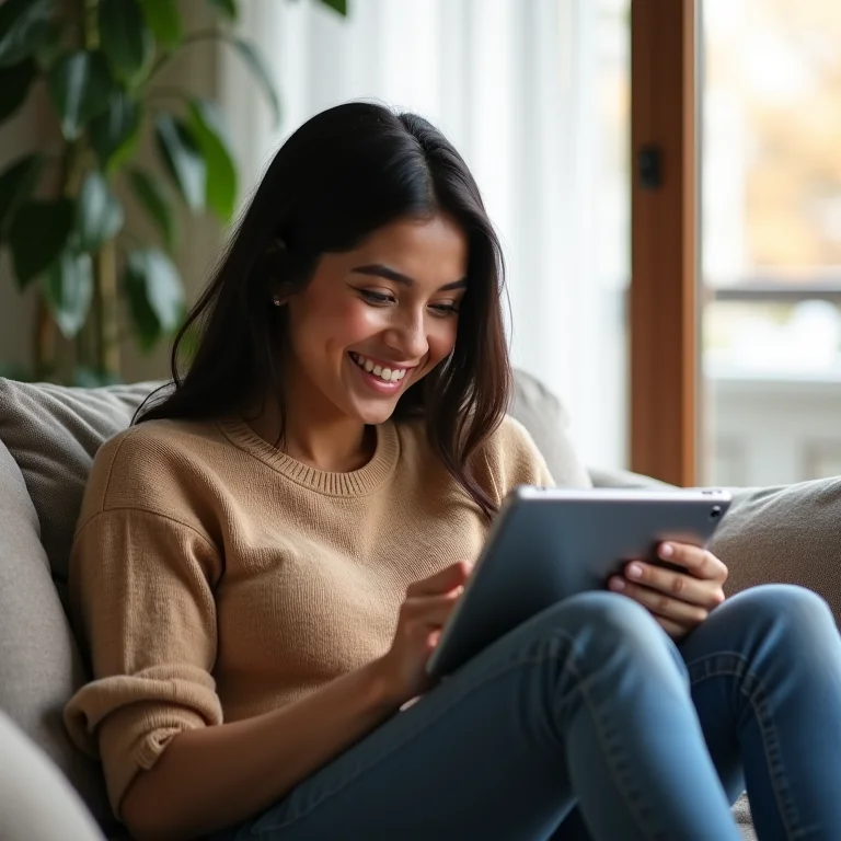 Mulher usando tablet para simular financiamento imobiliário online