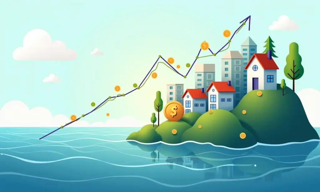 Ondas financeiras beneficiando comunidades, representando a redistribuição de riqueza.