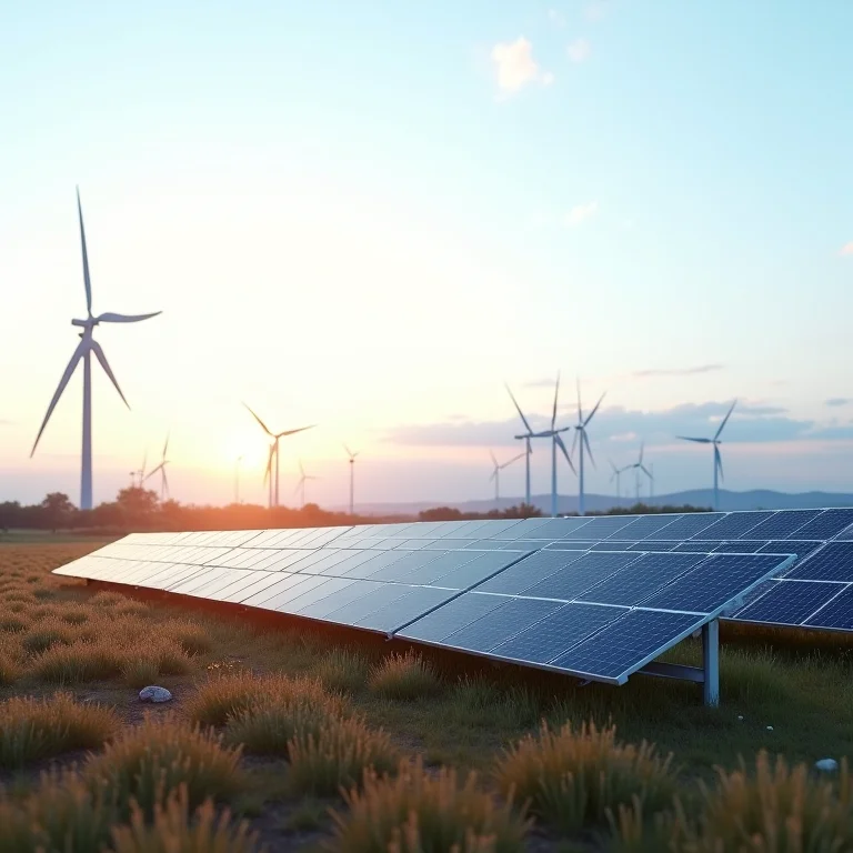 Painéis solares em uma vasta paisagem com turbinas eólicas ao fundo.