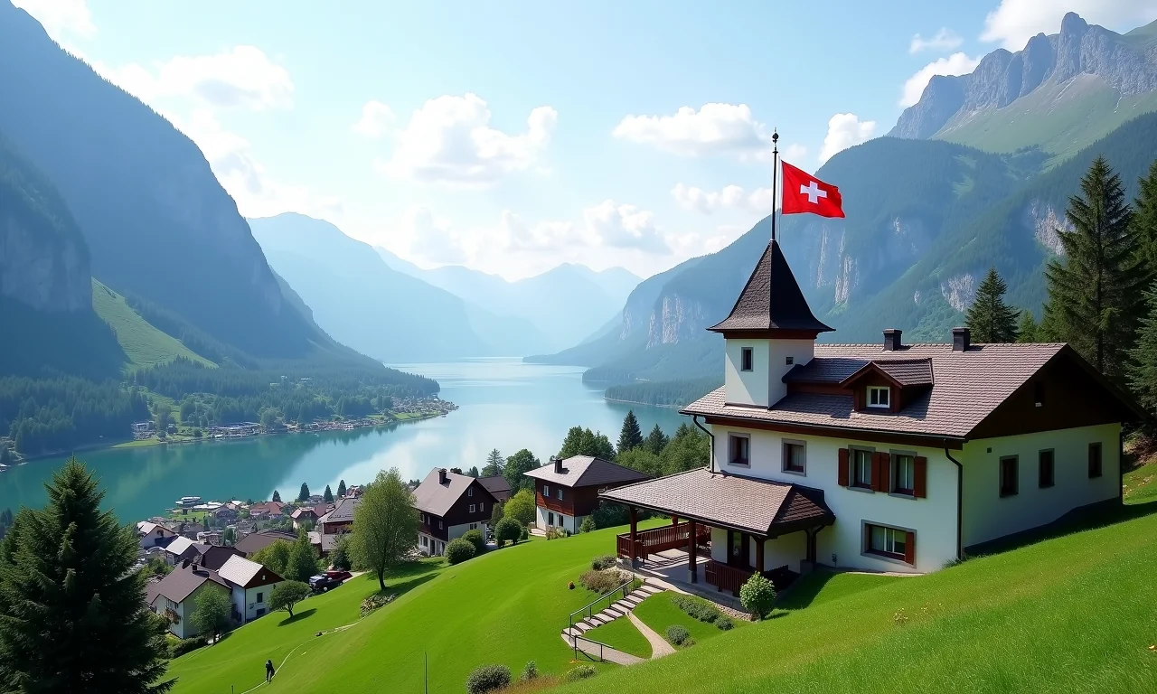 Paisagem suíça com edifícios modernos, representando a estabilidade financeira do país.