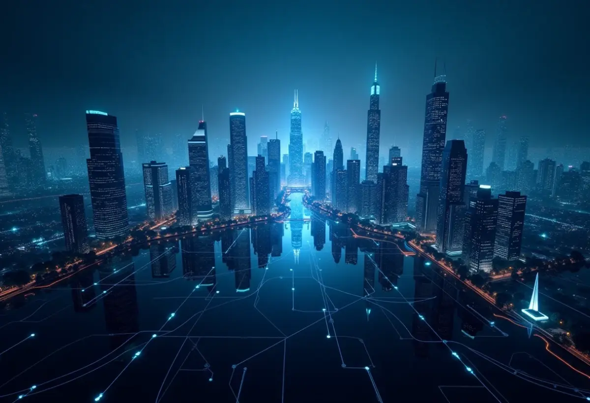 Inteligência Artificial Generativa: O futuro já chegou (e você precisa saber disso) Paisagem urbana futurista com redes neurais conectando prédios, representando a inovação da IA