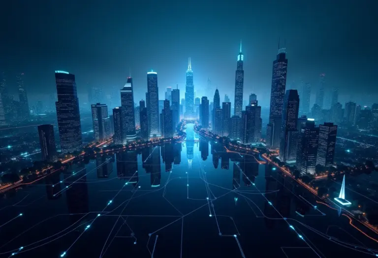 Paisagem urbana futurista com redes neurais conectando prédios, representando a inovação da IA