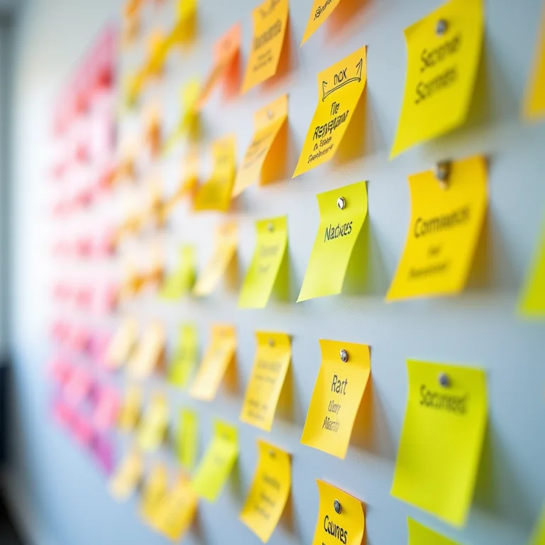 Parede com post-its coloridos representando os 40 princípios inventivos.