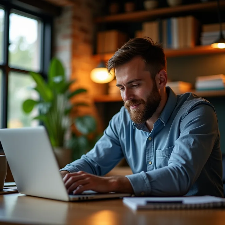 Pequeno empresário analisando dados do cliente em um laptop