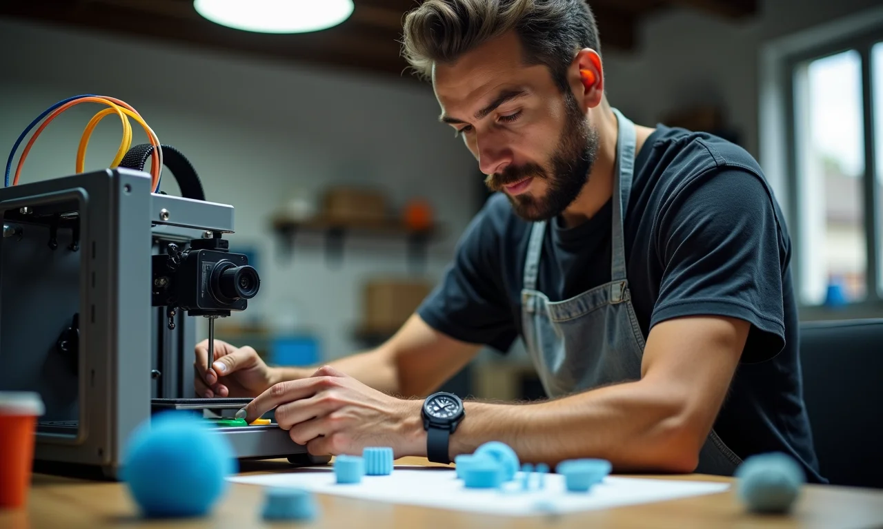Pequeno empresário no Brasil usando impressora 3D de baixo custo para criar produtos personalizados.