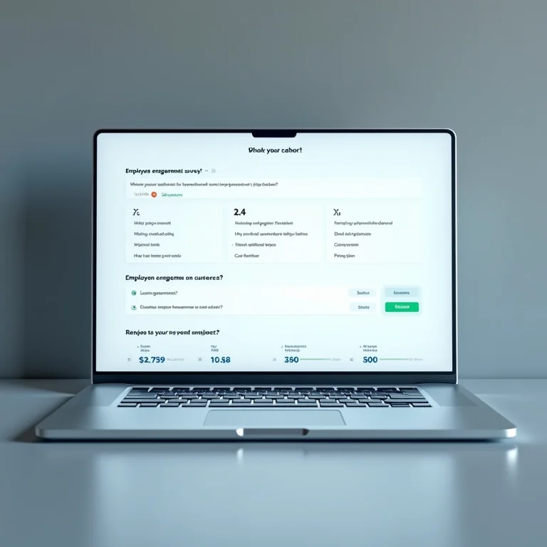 Pesquisa de engajamento de funcionários exibida em um laptop.