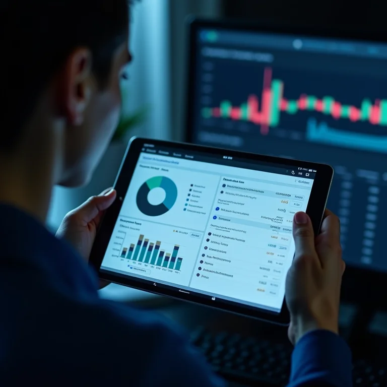 Pessoa analisando um relatório de diagnóstico financeiro detalhado em um tablet.