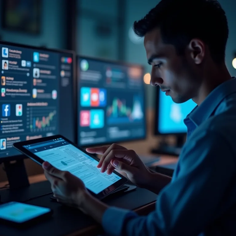 Pessoa gerenciando várias plataformas de mídia social em múltiplos dispositivos.
