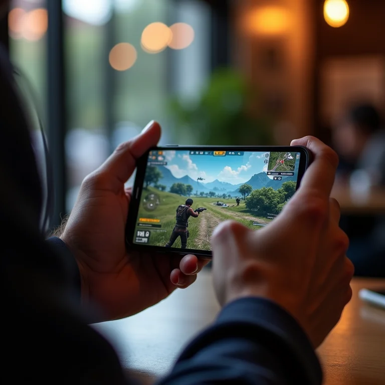 Pessoa jogando um jogo de alta qualidade em um dispositivo móvel em um café.