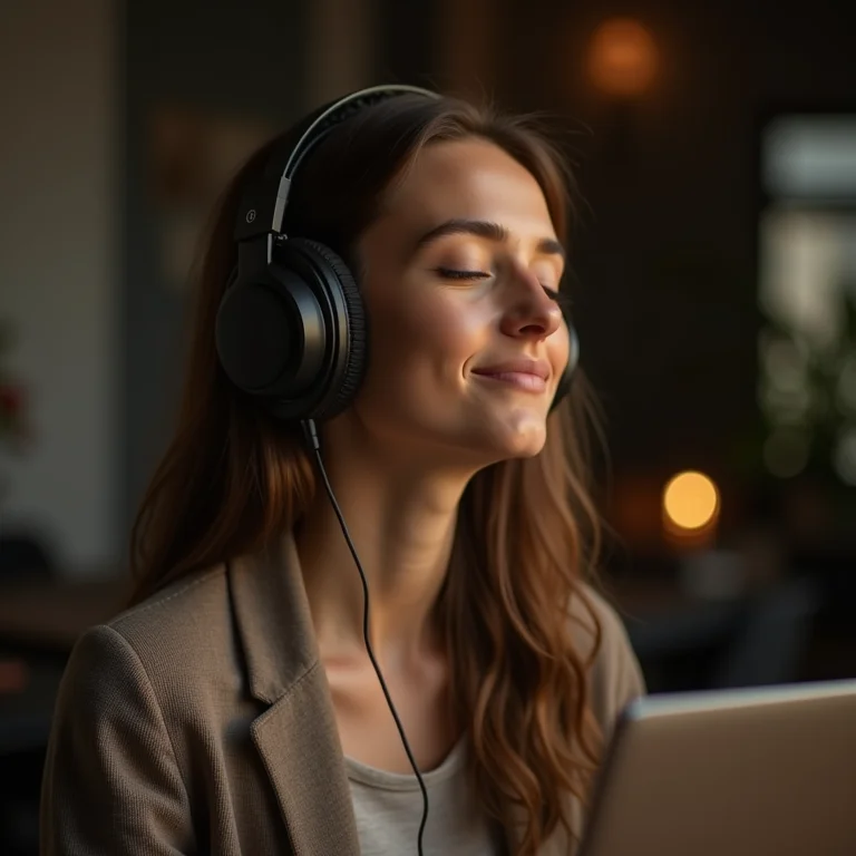 Pessoa relaxando com fones de ouvido, ouvindo música relaxante para aliviar o estresse.