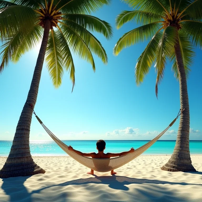 Pessoa relaxando em uma praia paradisíaca durante o ano sabático.