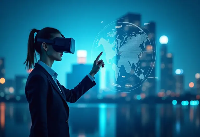 Pessoa usando headset de realidade mista interagindo com dados holográficos em ambiente urbano moderno.