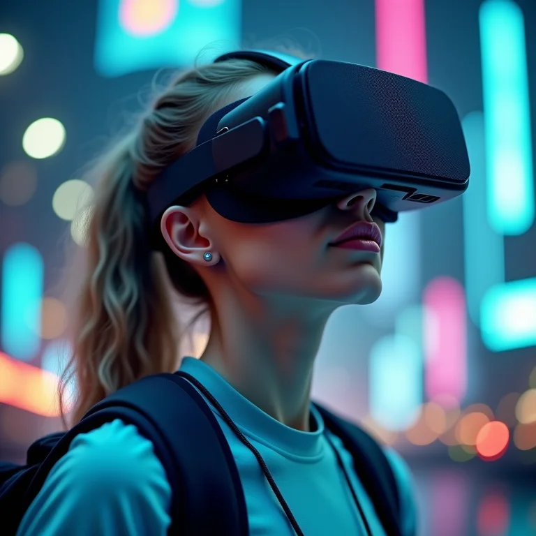 Pessoa usando headset VR em um mundo virtual.