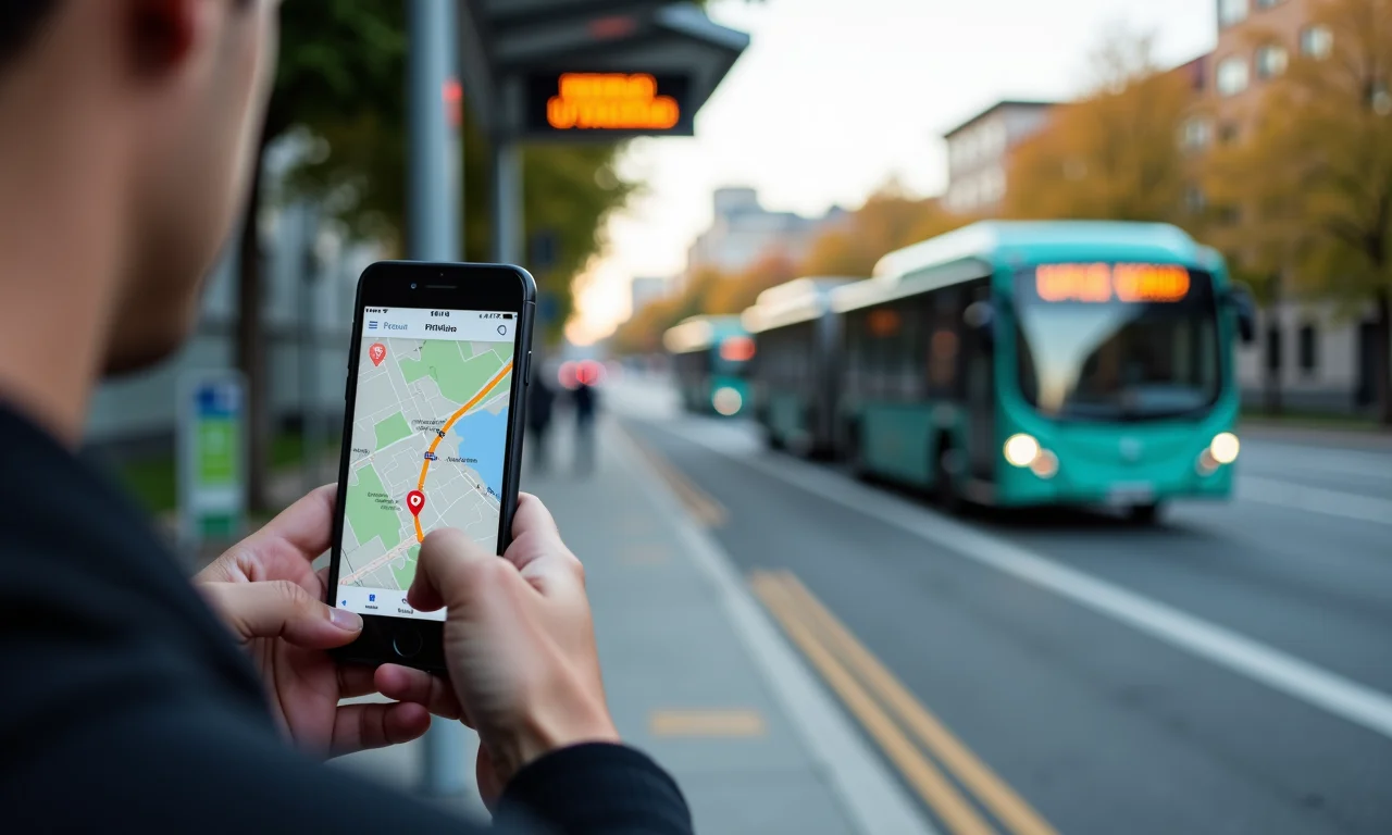 Pessoa usando o app Moovit em ponto de ônibus.