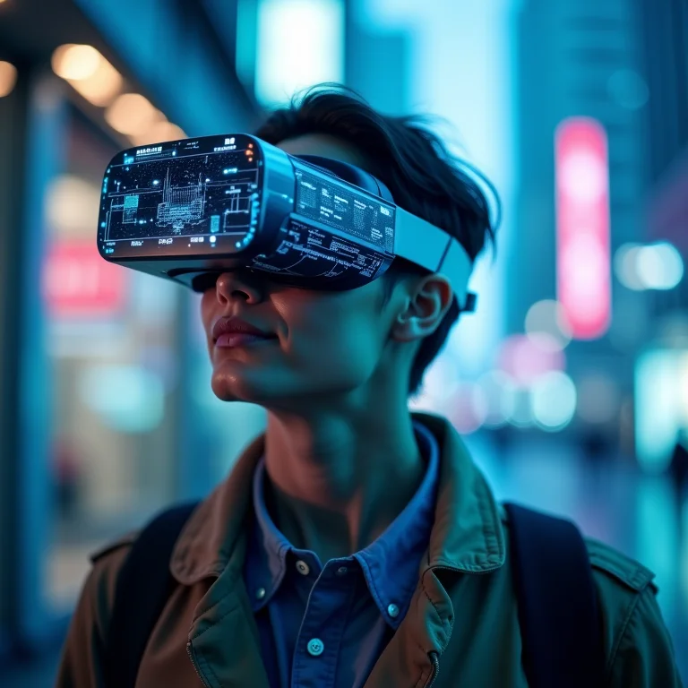 Pessoa usando óculos de Realidade Aumentada em um ambiente urbano futurista.