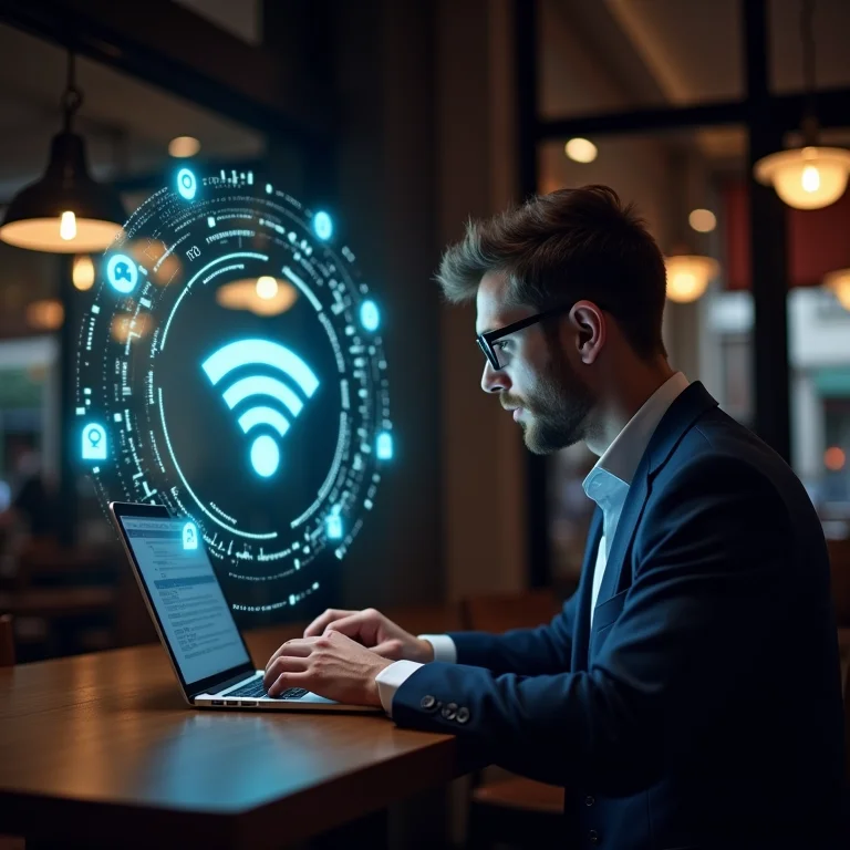 Pessoa usando Wi-Fi público com símbolos de perigo digital