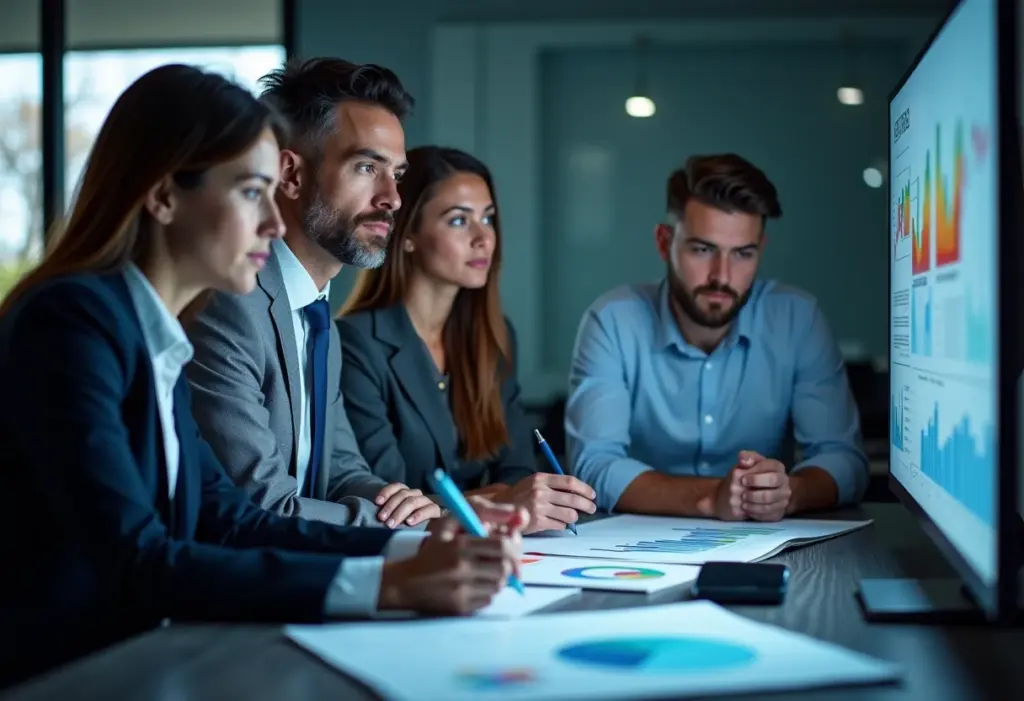 Pessoas analisando gráficos financeiros em um escritório moderno