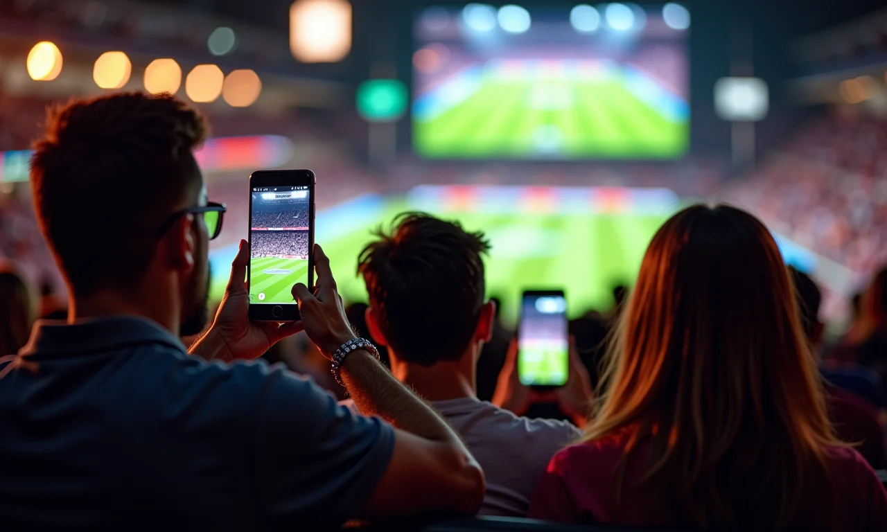 Pessoas assistem esporte com AR personalizada no celular.