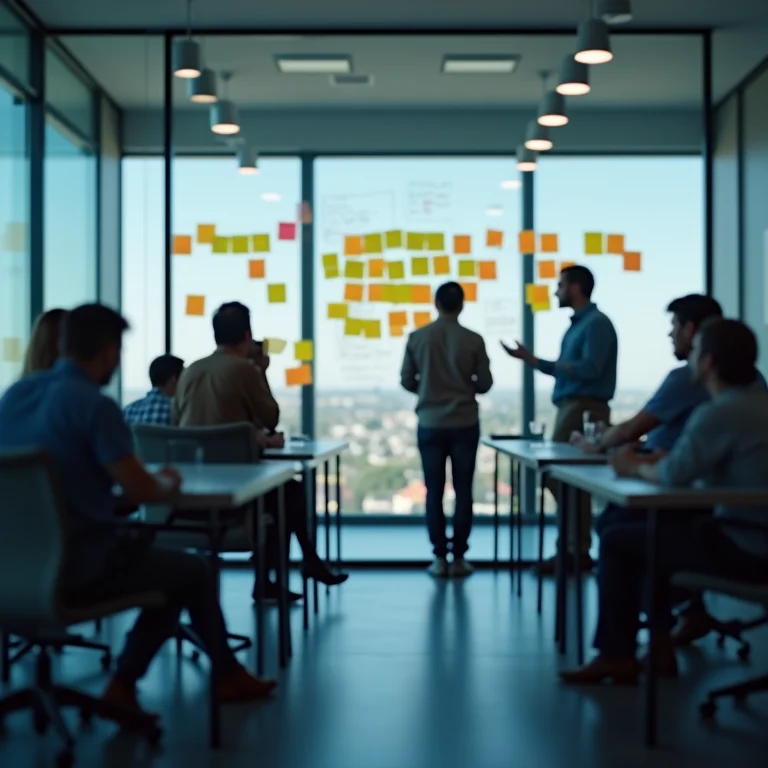 Pessoas colaborando em um quadro de brainstorming repleto de ideias.